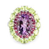 8.76 Carat Genuine Amethyst, Rhodolite & Peridot .925 Sterling Silver Ring