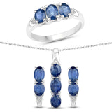 3.99 Carat Genuine Blue Sapphire White Topaz .925 Silver 3 Pc Jewelry Set Ring Earring Pendant Chain