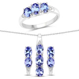 3.77 Carat Genuine Tanzanite & White Topaz .925 Silver 3 Pc Jewelry Set Ring Earring & Pendant Chain