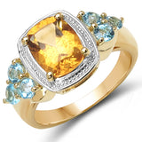 18K Yellow Gold Plated 2.37 Carat Genuine Citrine & Blue Topaz .925 Sterling Silver Ring