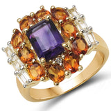 18K Yellow Gold Plated 3.99 Carat Genuine Amethyst, Citrine & White Topaz .925 Sterling Silver Ring