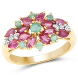 14K Yellow Gold Plate 1.84 Carat Genuine Glass Filled Ruby Emerald & White Topaz .925 Silver Ring
