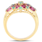 14K Yellow Gold Plate 1.84 Carat Genuine Glass Filled Ruby Emerald & White Topaz .925 Silver Ring
