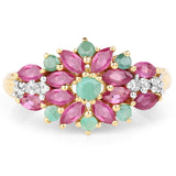 14K Yellow Gold Plate 1.84 Carat Genuine Glass Filled Ruby Emerald & White Topaz .925 Silver Ring