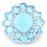 9.50 Carat Genuine Turquoise and Swiss Blue Topaz .925 Sterling Silver Ring