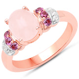 14K Rose Gold Plated 2.27 Carat Genuine Morganite, Rhodolite & White Topaz .925 Sterling Silver Ring