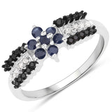 0.45 Carat Genuine Blue Sapphire, Black Diamond and White Diamond .925 Sterling Silver Ring