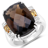 14.88 Carat Genuine Smoky Quartz and Citrine .925 Sterling Silver Ring