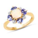 14K Yellow Gold Plate 1.20 Carat Genuine Ethiopian Opal Tanzanite & White Topaz .925 Silver Ring