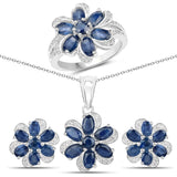 9.12 Carat Genuine Blue Sapphire White Topaz .925 Silver 3 Pc Jewelry Set Ring Earring Pendant Chain