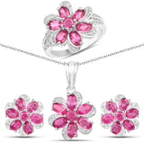 9.88 Carat Genuine Ruby & White Topaz .925 Silver 3 Piece Jewelry Set (Ring Earring & Pendant Chain)