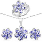 8.28 Carat Genuine Tanzanite & White Topaz .925 Silver 3 Pc Jewelry Set Ring Earring & Pendant Chain