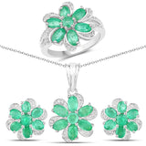 7.88 Carat Genuine Zambian Emerald White Topaz 925 Silver 3 Pc Jewelry Set