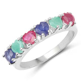 1.88 Carat Genuine Glass Filled Ruby, Emerald & Glass Filled Sapphire .925 Sterling Silver Ring