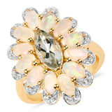 14K Yellow Gold Plate 2.98 Carat Genuine Green Amethyst Ethiopian Opal White Topaz .925 Silver Ring