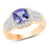 1.90 Carat Genuine Tanzanite and White Zircon 14K Yellow Gold Ring