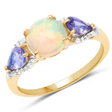 14K Yellow Gold Plate 2.21 Carat Genuine Ethiopian Opal Tanzanite & White Topaz .925 Silver Ring