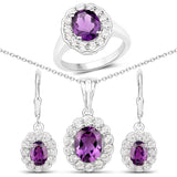 7.44 Carat Genuine Amethyst & White Topaz .925 Silver 3 Pc Jewelry Set Ring Earring & Pendant Chain