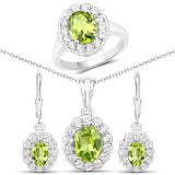 7.70 Carat Genuine Peridot & White Topaz .925 Silver 3 Pc Jewelry Set (Ring Earring & Pendant Chain)