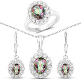 7.64 Carat Genuine Rainbow Quartz White Topaz 925 Silver 3 Pc Jewelry Set Ring Earring Pendant Chain