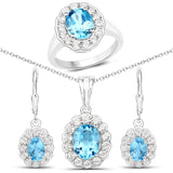 8.54 Carat Genuine Swiss Blue White Topaz .925 Silver 3 Pc Jewelry Set Ring Earring & Pendant Chain