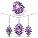 14.28 Carat Genuine Amethyst .925 Silver 3 Piece Jewelry Set (Ring Earring & Pendant w/ Chain)