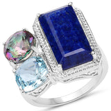 10.65 Carat Genuine Lapis, Blue Topaz and Mystic Quartz .925 Sterling Silver Ring
