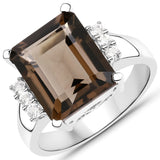 5.72 Carat Genuine Smoky Quartz and White Topaz .925 Sterling Silver Ring