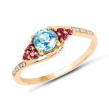 0.76 Carat Genuine Swiss Blue Topaz, Pink Tourmaline & White Diamond 14K Yellow Gold Ring