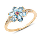 1.09 Carat Genuine Swiss Blue Topaz, Pink Tourmaline and White Diamond 14K Yellow Gold Ring
