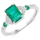 1.07 Carat Genuine Zambian Emerald and White Diamond 14K White Gold Ring