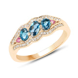 0.80 Carat Genuine London Blue Topaz, Pink Tourmaline & White Diamond 14K Yellow Gold Ring