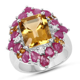 7.20 Carat Genuine Citrine, Ruby and White Diamond .925 Sterling Silver Ring