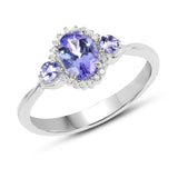 0.94 Carat Genuine Tanzanite and White Diamond .925 Sterling Silver Ring
