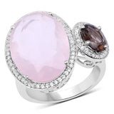 8.25 Carat Genuine Rose Quartz, Smoky Quartz And White Topaz .925 Sterling Silver Ring