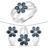 3.85 Carat Genuine Blue Sapphire White Topaz .925 Silver 3 Pc Jewelry Set Ring Earring Pendant Chain