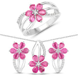 5.05 Carat Genuine Ruby & White Topaz .925 Silver 3 Piece Jewelry Set (Ring Earring & Pendant Chain)