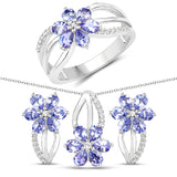 3.61 Carat Genuine Tanzanite & White Topaz .925 Silver 3 Pc Jewelry Set Ring Earring & Pendant Chain