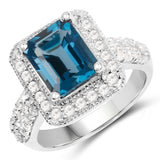 5.14 Carat Genuine London Blue Topaz and White Topaz .925 Sterling Silver Ring