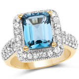 14K Yellow Gold Plated 5.03 Carat Genuine London Blue Topaz & White Topaz .925 Sterling Silver Ring