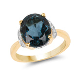 14K Yellow Gold Plate 6.09 Carat Genuine London Blue Topaz & White Diamond .925 Sterling Silver Ring