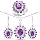 9.96 Carat Genuine Amethyst & White Topaz .925 Silver 3 Pc Jewelry Set Ring Earring & Pendant Chain