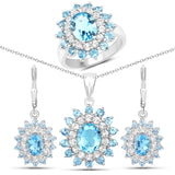 11.68 Carat Genuine Swiss Blue White Topaz .925 Silver 3 Pc Jewelry Set Ring Earring & Pendant Chain