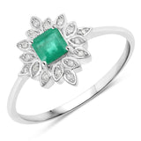 0.39 Carat Genuine Zambian Emerald and White Diamond 14K White Gold Ring