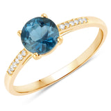 1.05 Carat Genuine London Blue Topaz and White Diamond 14K Yellow Gold Ring