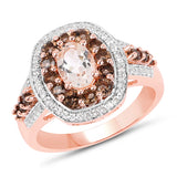 18K Rose Gold Plate 1.62 Carat Genuine Morganite Smoky Quartz & White Zircon .925 Silver Ring