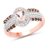18K Rose Gold Plate 1.22 Carat Genuine Morganite Smoky Quartz & White Zircon .925 Silver Ring