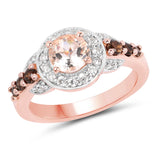18K Rose Gold Plate 1.49 Carat Genuine Morganite Smoky Quartz & White Zircon .925 Silver Ring