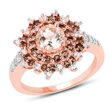 18K Rose Gold Plate 1.65 Carat Genuine Morganite Smoky Quartz & White Zircon .925 Silver Ring