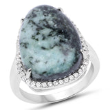 11.15 Carat Genuine Green Jasper And White Topaz .925 Sterling Silver Ring
